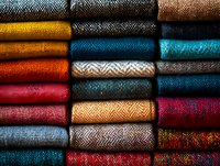 Colorful textile fabric rolls stacked in rows showing vibrant patterns and textures for interior design and fashion projects.