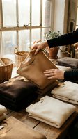 Woman organizing folded sweaters and knitwear on wooden table in cozy home interior with natural light from window for seasonal wardrobe storage.