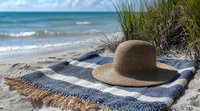 Straw sun hat on striped beach blanket with ocean waves and sand dunes in background, capturing relaxing summer vacation atmosphere on tropical shore.