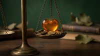 Golden heart on vintage brass scales of justice symbolizing love, compassion and emotional balance in legal decisions and moral choices.
