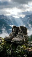 Worn hiking boots resting on mossy rock ledge with dramatic mountain valley and cloudy sky backdrop. Adventure travel and outdoor exploration concept.