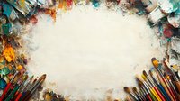 Artistic frame made of colorful paint brushes and oil paint palette smears on white canvas background, creating decorative border for art studio presentation.