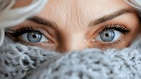 Close-up of mature woman with striking blue eyes and silver hair partially covered by gray knitted scarf during winter season.
