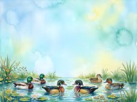 Watercolor illustration of ducks swimming in a pond surrounded by water lilies and marsh grasses under a soft, cloudy sky. Suitable for children's books, educational materials, and nature-themed designs.