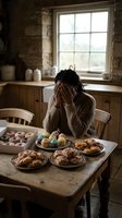 Young African American man with dreadlocks covering face with hands sitting at rustic kitchen table surrounded by donuts and pastries showing diet guilt concept.