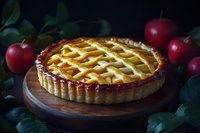 Homemade apple pie with lattice crust on wooden board, fresh red apples and green leaves in dark moody setting, traditional pastry dessert.