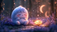 Magical fluffy white creature sleeping peacefully among glowing mushrooms and purple flowers under crescent moons in enchanted forest night scene with sparkling lights.