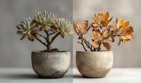 Contrasting succulent plants in ceramic pots showing seasonal change - green living echeveria beside dried autumn foliage in minimalist home decor setting.