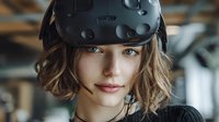 Young Caucasian woman wearing virtual reality headset with wavy brown hair and subtle smile in industrial setting.