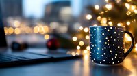 Blue starry mug with golden bokeh lights from Christmas tree in background, creating cozy holiday atmosphere for seasonal content.