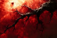 Dark cracked surface with deep fissures against dramatic red background, creating abstract pattern of destruction and geological texture. Artistic backdrop for design.