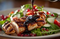 Grilled salmon fillet with balsamic glaze being poured over, served with fresh salad of arugula, cucumber, tomato, and pomegranate seeds.