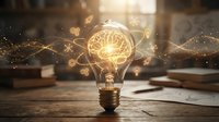 Glowing light bulb with brain inside surrounded by golden particles and flowing energy waves on wooden desk representing innovation and creative thinking.