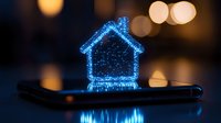 Glowing blue hologram house floating above smartphone screen with bokeh lights in background, representing digital real estate and smart home technology.