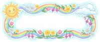 Colorful spring floral border frame with sun, rainbow, flowers and clouds on white background. Decorative design element for greeting cards and invitations.