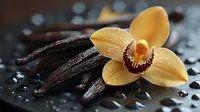Fresh vanilla pods and yellow orchid flower on dark wet surface with water drops, aromatic spice and exotic bloom macro photography for spa concept.
