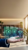 Businessman hand presenting holographic digital interface with cybersecurity icons including shield, lock and certificate in modern office environment.