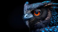 Dramatic close-up of an owl with piercing orange eyes and blue-tinted feathers against dark background, showcasing intricate feather detail and intense predator gaze.