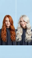 Hair transformation before and after showing woman with red copper hair changing to platinum blonde waves for salon makeover concept.