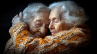 Elderly women with white hair embracing in orange knitted scarves against dark background, conveying warmth and companionship in later years.