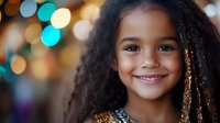 Cheerful African American girl with curly hair smiling warmly against blurred bokeh lights background, radiating happiness and innocence in natural portrait.