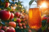 Fresh apple cider in glass with bubbles against orchard background, red apples and golden sunlight creating magical bokeh effect for autumn harvest.