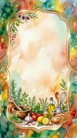 Watercolor culinary frame with fresh herbs, vegetables, olive oil, and cooking utensils surrounded by vibrant garden produce and golden ornamental border on colorful abstract background.