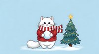 Cute white cat wearing red sweater with striped scarf sitting next to decorated evergreen tree with star on light blue background for holiday designs.