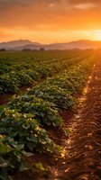 Soybean field at sunrise with golden light illuminating rows of crops, mountains in background, agricultural landscape for farming and harvest themes.