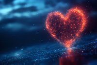 Glowing red heart shape formed by luminous particles floating above reflective surface against dark blue cloudy background, creating magical romantic atmosphere.