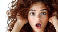 Young woman with curly brown hair and surprised expression showing shocked emotional reaction against white background, close up portrait.