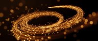 Golden swirling particles and light trails create an elegant abstract spiral on dark background, suitable for luxury branding and digital design projects.