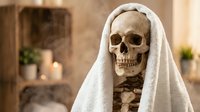 A skeletal remains draped in white linen cloth displayed in an ornate interior setting with candles and decorative elements, suitable for Halloween, gothic, or historical educational content.
