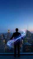 Businessman silhouette with glowing energy trail overlooking illuminated city skyline at dusk for corporate innovation and digital transformation concepts.