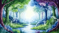 Enchanted forest clearing with magical trees, flowing stream and mystical atmosphere for fantasy storytelling, game design and children's book illustration.