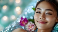 Young Asian woman smiling with closed eyes against blurred turquoise bokeh background with pink flowers, expressing joy, happiness and wellbeing in beauty and wellness concept.