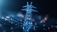 High voltage electrical transmission tower silhouette at night with blue illumination and bokeh lights creating atmospheric industrial landscape.