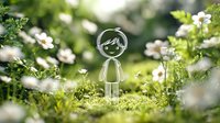 Minimalist line art figure standing among white wildflowers and green grass in dreamy garden setting, creating whimsical nature scene for greeting cards and children books.