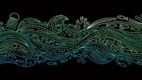 Ocean waves line art with marine life elements in turquoise and green gradient colors on black background for decorative design projects.