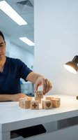 Young Hispanic male healthcare professional arranging wooden blocks with medical symbols at modern office desk under warm lamp lighting.