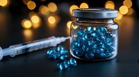 Blue gel capsules in glass jar with syringe on dark surface against blurred golden bokeh lights background, medical and pharmaceutical concept.
