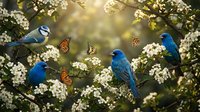 Blue birds and a tit perched on blooming white flower branches with monarch butterflies in soft golden sunlight spring nature scene.