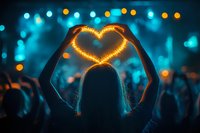 Silhouette of person making heart shape with hands against glowing concert lights and bokeh background, creating magical romantic atmosphere.