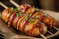 Grilled bacon-wrapped potato skewers garnished with fresh chives and drizzled with sweet sauce, close-up view of appetizing party food on dark plate.