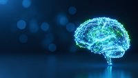 Digital brain with glowing neural network connections on dark blue background with bokeh lights for artificial intelligence and technology concepts.