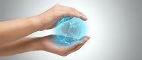 Hands holding glowing blue digital globe with network connections, representing global technology, data connectivity, and worldwide business communication solutions.