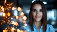 Young Hispanic woman with straight brown hair smiling confidently against blurred bokeh lights background, wearing light blue shirt. Professional corporate portrait with warm atmosphere.
