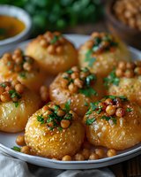 Crispy golden dumplings topped with spiced chickpeas and fresh herbs on white plate, drizzled with sauce. Middle Eastern cuisine appetizer served with garnish.