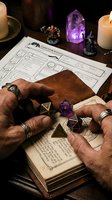 Hands holding polyhedral dice over character sheet and spellbook with candles and amethyst crystal creating atmospheric tabletop gaming scene for RPG adventures.