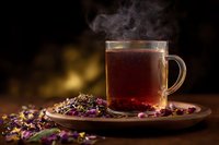 Steaming herbal tea in glass cup on wooden plate with scattered dried flower petals and herbs, moody dark background with golden bokeh lights.